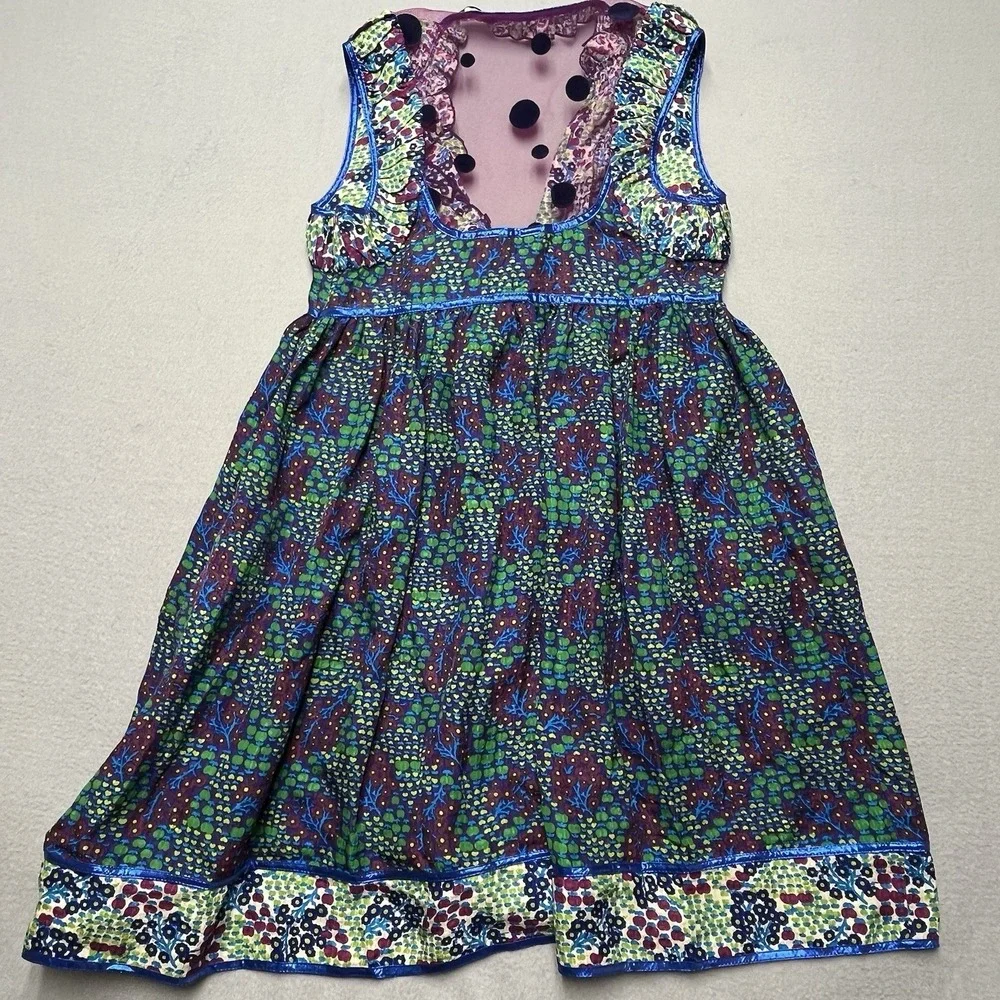 Anna Sui Flowering Fields Lace Mini Dress Kaftan Size‎ 6 Floral Boho Ruffle